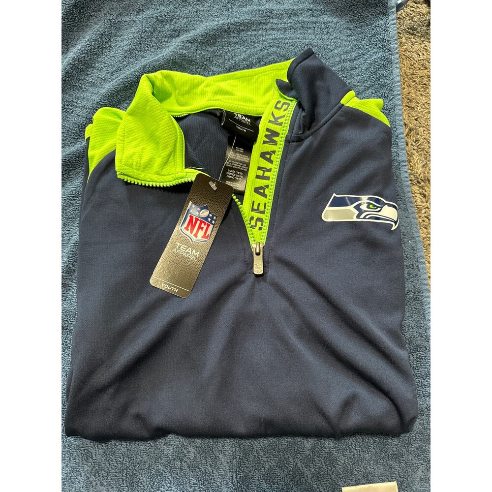 NFL Team Apparel Pullover Seattle Seahawks Youth Large 1/4 Zip Long Sleeve Blue‎